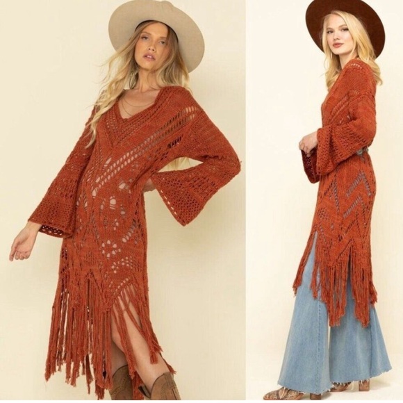 Free People Dresses & Skirts - Free People Constellation Crochet Sweater Knit Fringe Tunic Midi Dress Boho